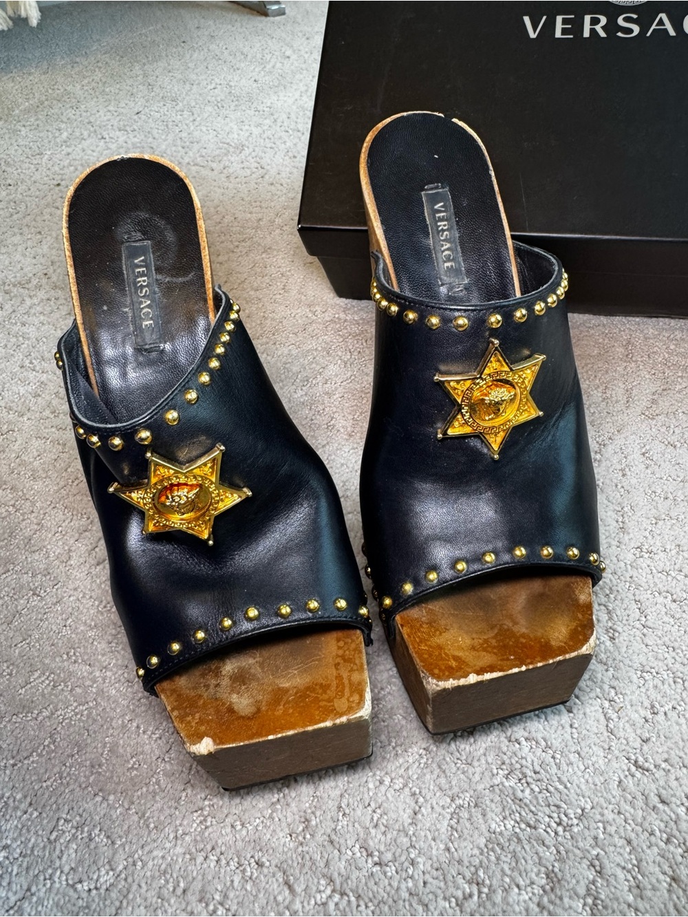 Versace Black Leather Platform Clogs with Gold Star and Studded Details Size 6.5 - Picture 2 of 10